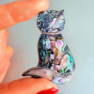 Vintage Abalone Sterling Silver 925 Cat Kitten Artisan 2" Brooch Taxco Mexico